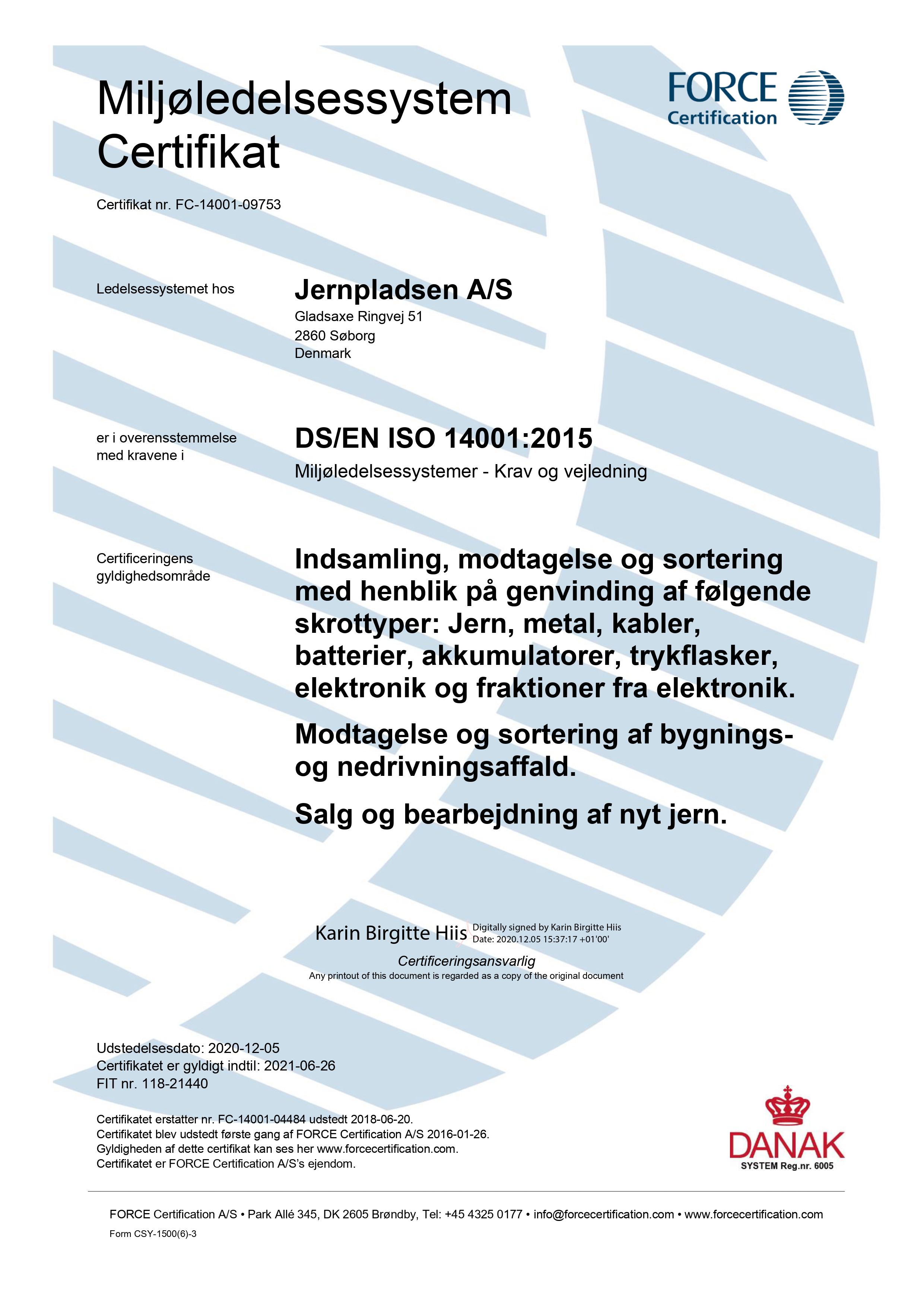 ISO certifikat Jernpladsen